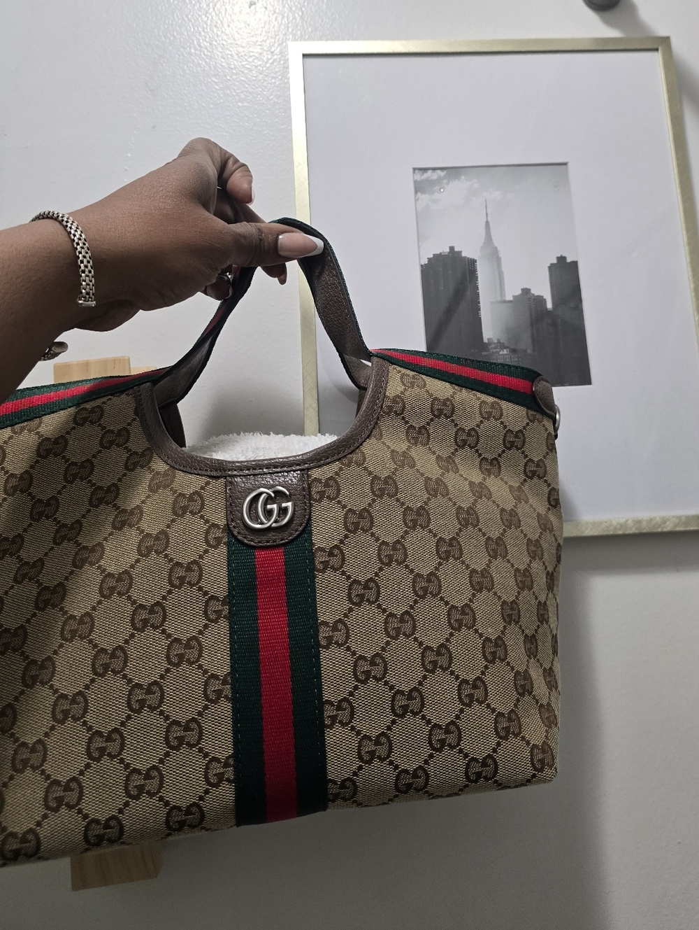 Canvas Cotton Supreme GIG Small Tote w/ Green/Red Stripe Brown LeatherTrim/strap - Picture 3 of 16